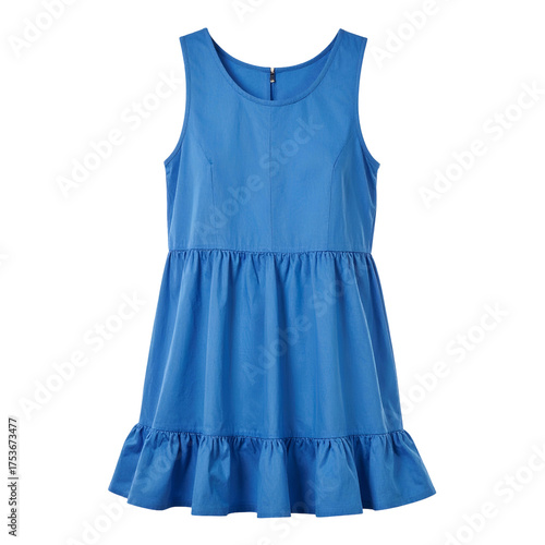 Sleeveless bright blue dress with a rounded neckline, gathered waist, and ruffled hem