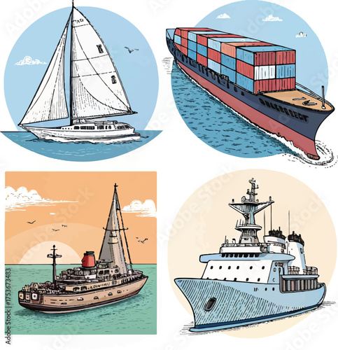 "Vintage and Modern Ships, Illustrated in Circular Frames"