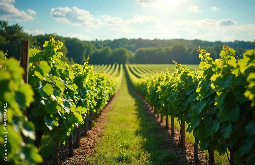 Obraz premium Vineyard rows stretch into distance under blue sky on sunny day. Rich green foliage covers vines. Agriculture scenic view. Winery with grapes farm at summer.