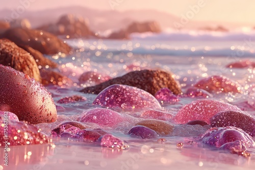 Dreamy pink sunset washes over a tranquil beach scene with rocks glistening wet, creating a magical and peaceful atmosphere, nature's embrace on a serene coastline