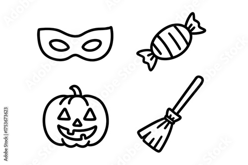 Halloween Icon Set. Halloween trick doodle icon set: hand drawn icons of mask, candy, jack o lantern, and broom. isolated