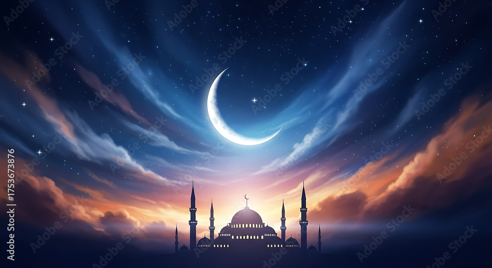 Obraz premium Backdrop for Ramadan Kareem Celebration Banner with Mosque Silhouette under Crescent Moon and Clouds in a Photorealistic High-Resolution Night Sky