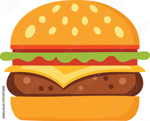 Illustration of a classic hamburger with sesame seeds, lettuce, tomato, cheese, and a beef patty between two buns.