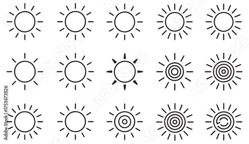 Set of simple line sun icons representing daylight, solar energy, and summer warmth for design, apps, and infographics