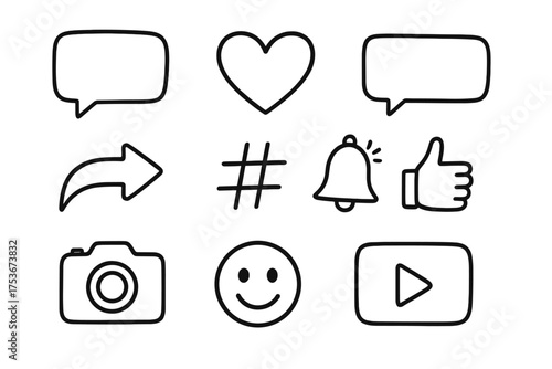 Social Media Doodle Icons. Social media doodle icon set: hand drawn icons of chat bubble, like heart, comment box, share arrow,