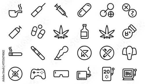 Collection of minimal black outline icons featuring narcotic symbols like marijuana leaves, pipes, syringes, and alcohol for awareness posters