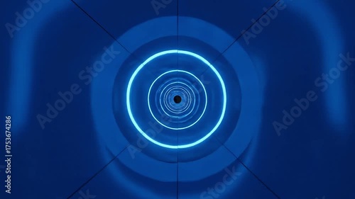 Abstract glowing blue circular tunnel with perspective towards a dark vanishing point, evoking futuristic technology and deep space.