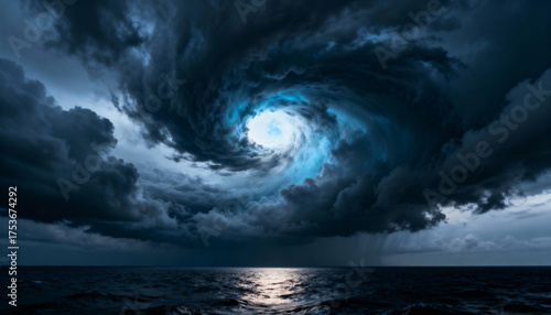 Dramatic storm clouds swirl over the ocean with a bright eye of light