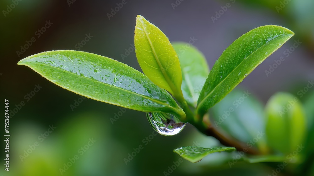 Fototapeta premium Close up view of fresh green leaves with water droplets