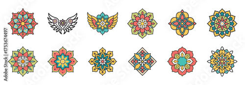 Colorful Mandala and Geometric Ornament Collection - Vibrant set of mandala and geometric ornaments with intricate symmetrical designs, perfect for decorative art, crafts, and digital design projects.