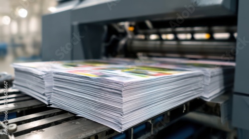 Large stack of freshly printed paper coming out of a digital printing machine in a busy printing facility