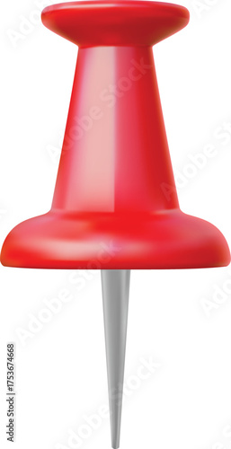 Red push pin 3D plastic style vector icon, realistic thumbtack map geotag, location pointer mark, stationery tool