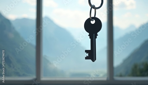 Home key hangs before window. Mountains visible outside. Key new life. New apt with view. Mortgage opportunity in nature. Real estate business. Dream apartment. Eco residential area. Buying house.