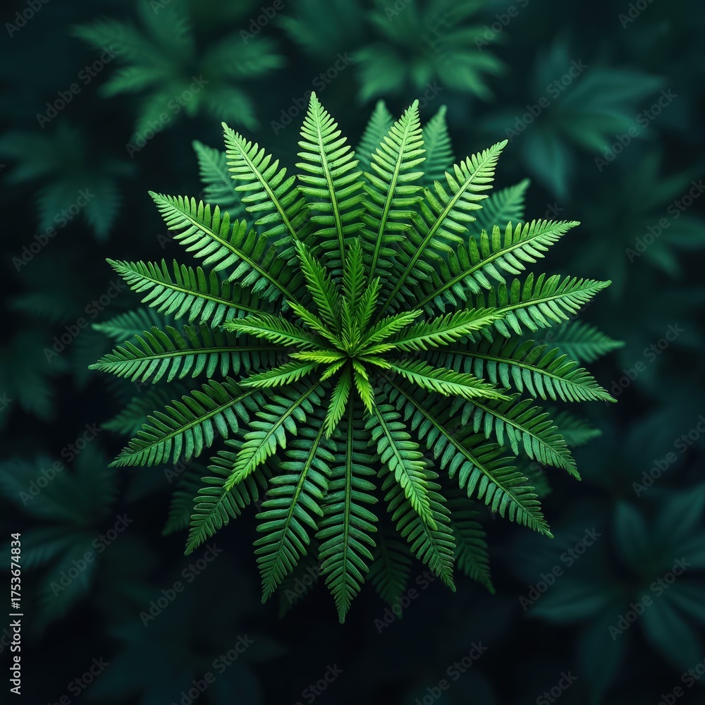 Fototapeta premium Aerial view of rich green fern circle pattern. Fern leaf in center, surrounded by similar leaves. Dark green background with more ferns. Nature symmetry, vibrant green color.