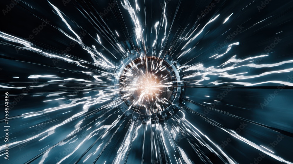 Obraz premium Exploring a dynamic burst of energy in a futuristic tunnel with bright sparks at the center