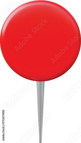 3D geolocation pin, red round, pointed, route, road, destination, location.
