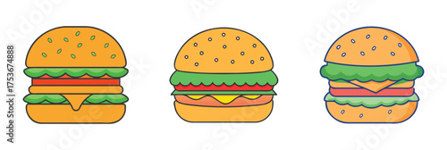 Three delicious cartoon burgers vector illustration for fast food restaurant menu and design projects