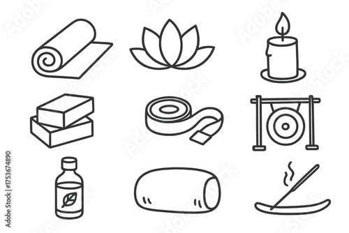 Yoga Doodle Icons. Yoga doodle icon set: hand drawn icons of mat, lotus, candle, blocks, strap, water bottle, essential oil,
