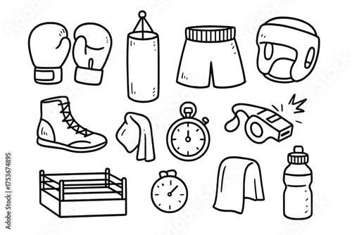 Boxing Doodle Icons. Boxing doodle icon set: hand drawn icons of gloves, punching bag, shorts, shoes, helmet, whistle, ring,