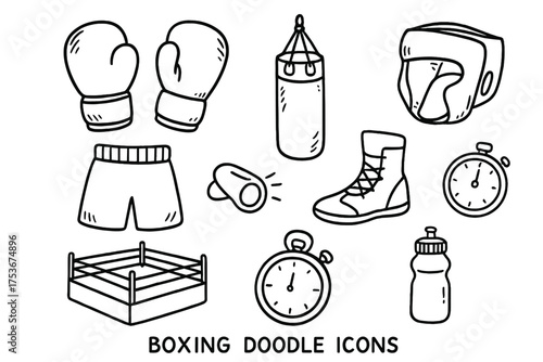 Boxing Doodle Icons. Boxing doodle icon set: hand drawn icons of gloves, punching bag, shorts, shoes, helmet, whistle, ring,