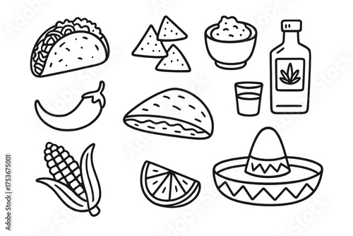 Mexican Food Icons. Mexican food doodle icon set: hand drawn icons of taco, burrito, nachos, guacamole, chili, quesadilla, tequila