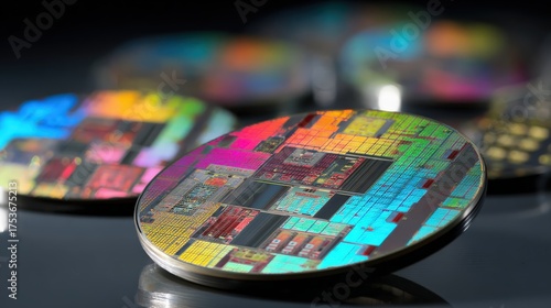 Colorful semiconductor wafer close up with intricate circuit design