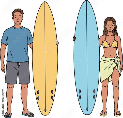 Surf couple on beach, holding colorful surfboards, summer vacation, tropical lifestyle, ocean adventure, active people, beachwear fashion, coastal fun scene