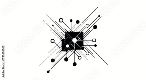 Abstract digital network connection with radiating lines and nodes on a white background