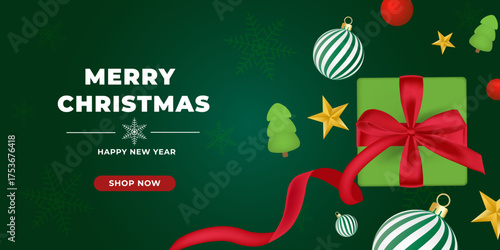 Christmas present or gift box with red bow. Xmas background for holiday greeting card, sale banner for shop or marketing in modern design. Top view, vector