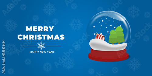 3d Christmas snow globe on blue background with snowflakes. Holiday New year backdrop for banner sale, discount offer, festive invitation . Vector