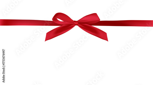 Red bow with ribbon for birthday present on white background. Shine bow for greeting card, invitation and other decor. Top view. Vector