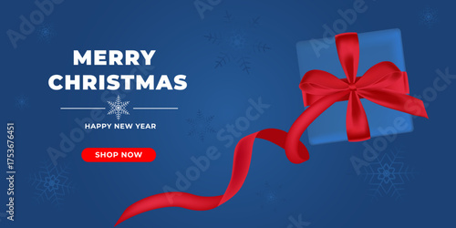 Christmas and New Year sale banner. Background Xmas design of present box with golden snowflakes for winter holiday offer, discount. Vector. Top view
