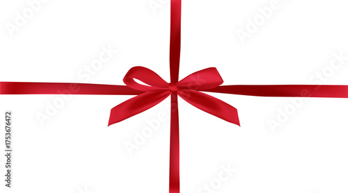 Vector red bow and ribbon for birthday present on white background. Shine bow for greeting card and other decor. Top view