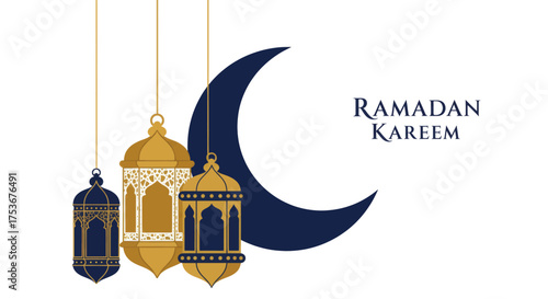 Ramadan Kareem lanterns and crescent moon design illustration