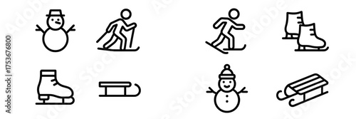 Winter activities showcase with snowman, ice skater, sledding, and skiing illustrations