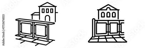 Simple line drawings of two different buildings and fences showcasing architectural design elements