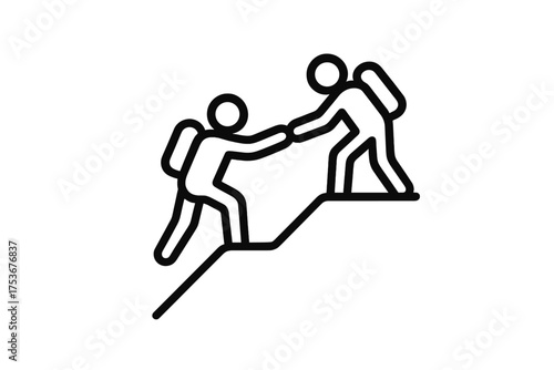 Two hikers helping each other climb a steep trail during a sunny day in nature