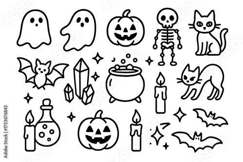 Halloween themed doodles featuring ghosts, pumpkins, skeletons, bats, and black cats in a playful arrangement