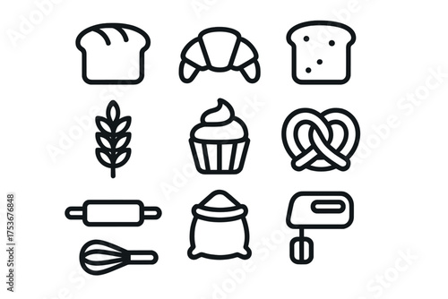Variety of baked goods and baking tools displayed in a simple and clean design for culinary enthusiasts