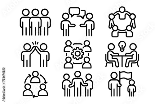 Graphic representation of teamwork and collaboration concepts with diverse figures engaging in various activities