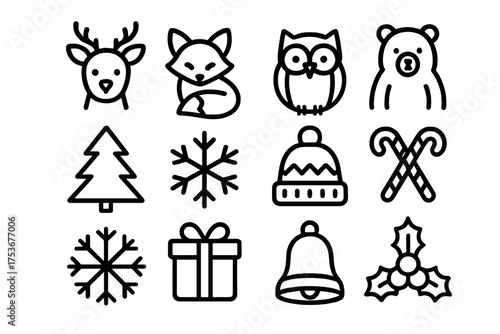 Winter holiday themed icons featuring animals, nature, and festive symbols in a simple design style
