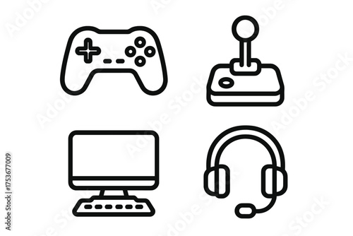 Various gaming equipment including a controller, joystick, monitor, and headset displayed together in a simple design format