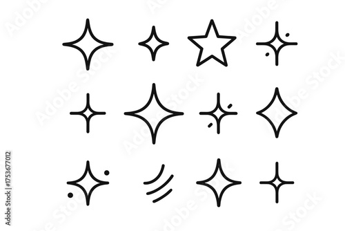 Collection of simple black line drawings of stars and sparkles on a white background ideal for design projects