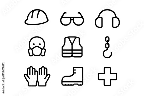 Various safety equipment icons used in construction, industrial work, and health protection measures