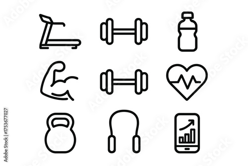 Fitness icons representing a healthy lifestyle and workout routines in a modern gym setting