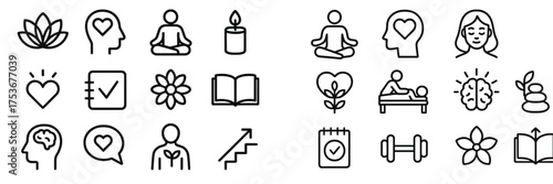 Icons representing mindfulness, self-care, and wellness activities in black and white design