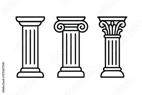 Different styles of classic architecture pillars showcased side by side in a simple line drawing