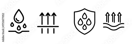Water-resistant technology symbols illustrating droplet, airflow, protective shield, and moisture control features