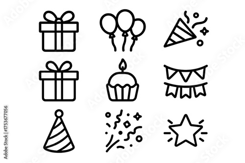 Celebration icons featuring gifts, balloons, and party decorations for festive events