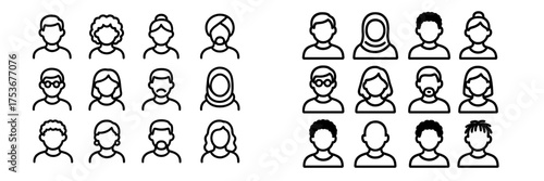 Collection of diverse line art portraits representing different ethnicities and hairstyles in a minimalist style